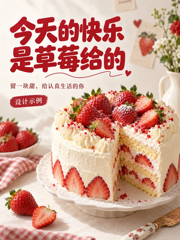 甜品店图文封面：今天的快乐是草莓给的，草莓蛋糕与樱桃红主题排版