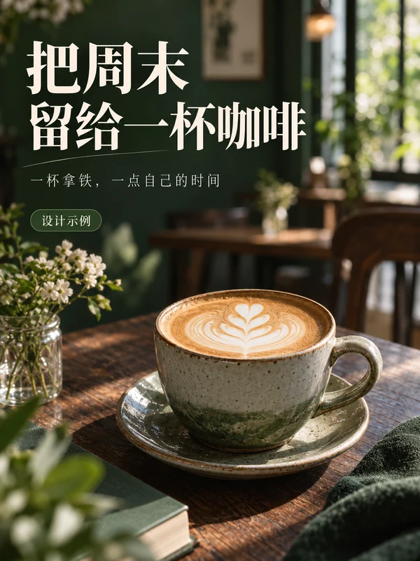 咖啡店图文封面：把周末留给一杯咖啡，深绿与奶油色的咖啡主题排版